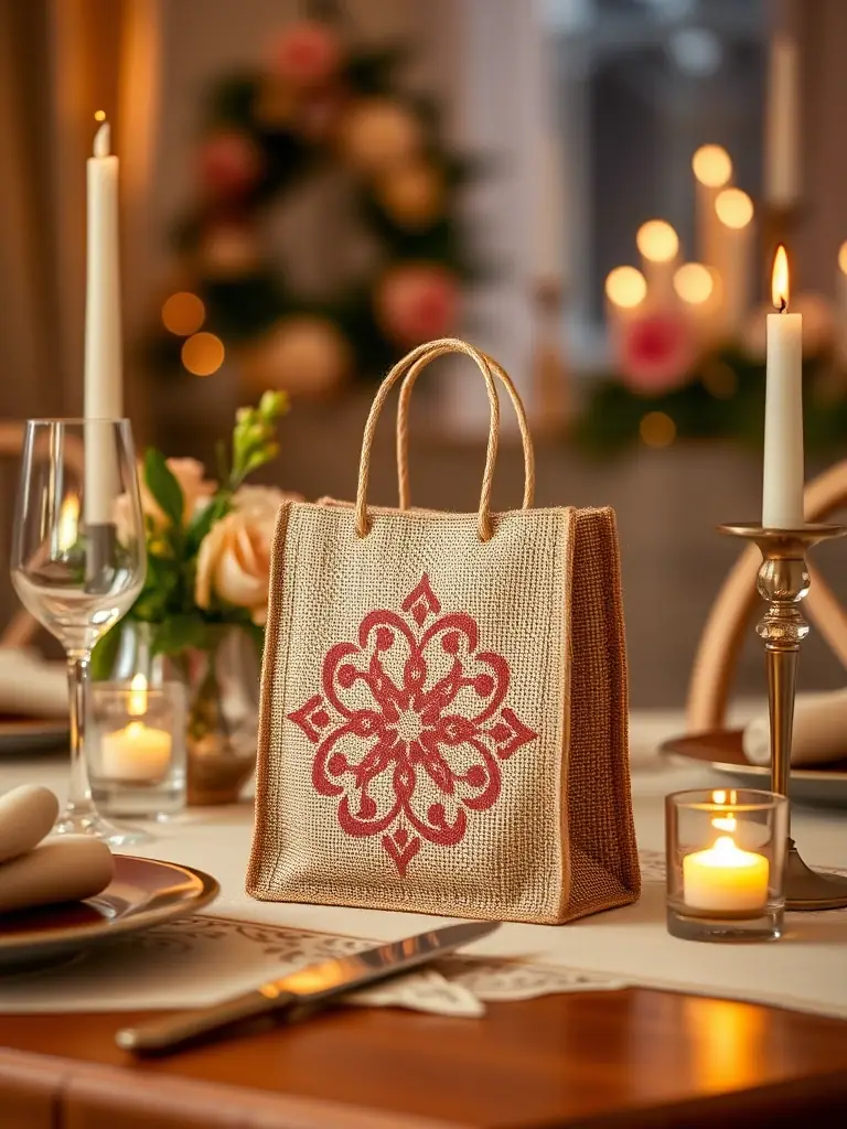 An image of a small, elegant jute gift bag with delicate detailing, showcased in a festive setting with soft lighting to enhance its appeal as a premium product for Viking Overseas.