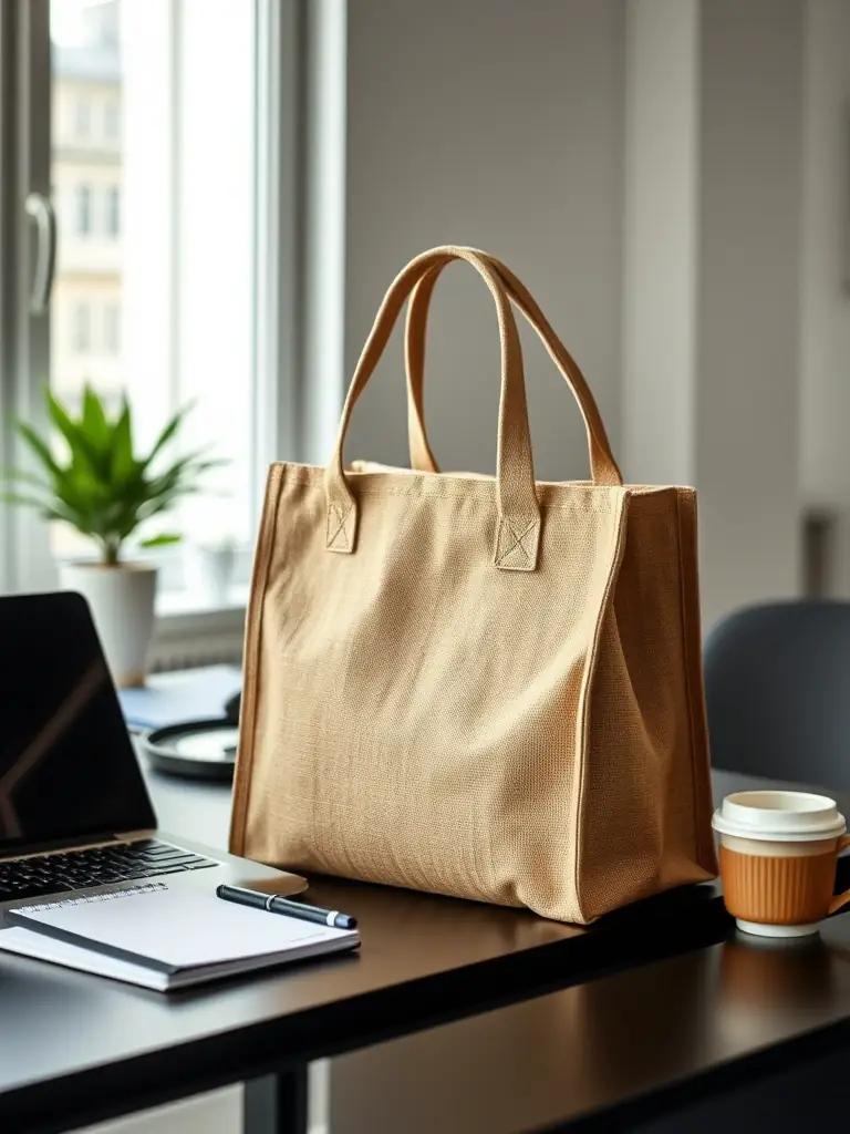 A professional photograph of a sturdy jute lunch bag with an insulated lining, presented in a workplace environment to highlight its practicality and eco-conscious design for Viking Overseas.