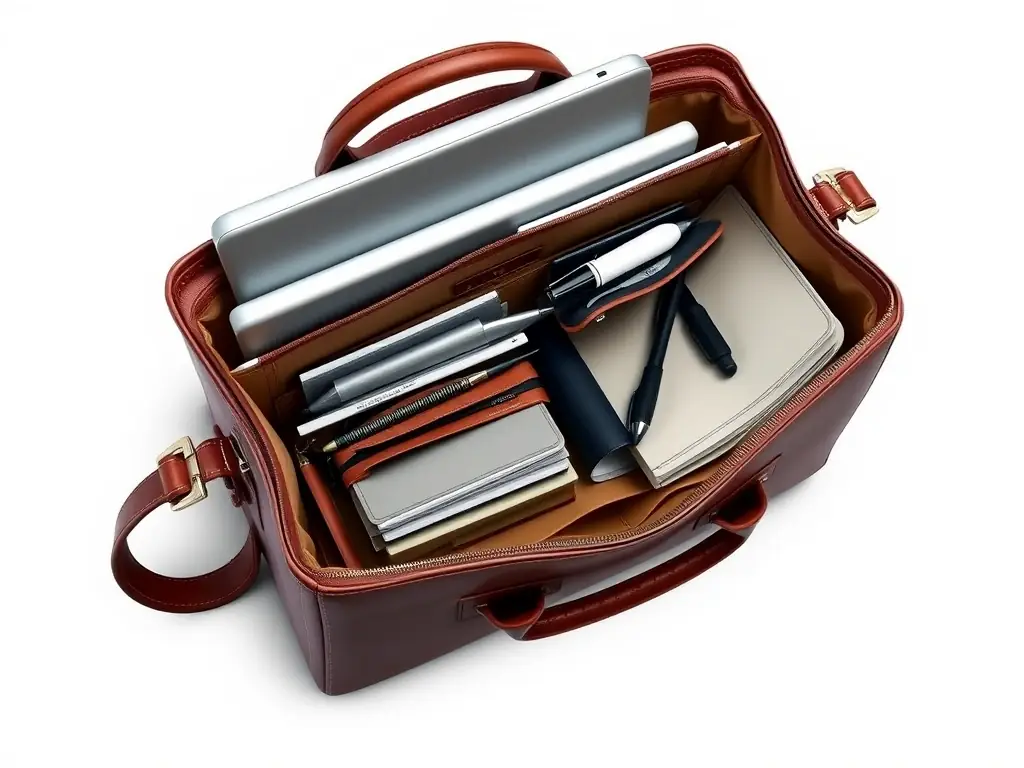 An interior view of the briefcase, showcasing its organized compartments and ample storage space. The image highlights the functionality and practicality of the briefcase's design.