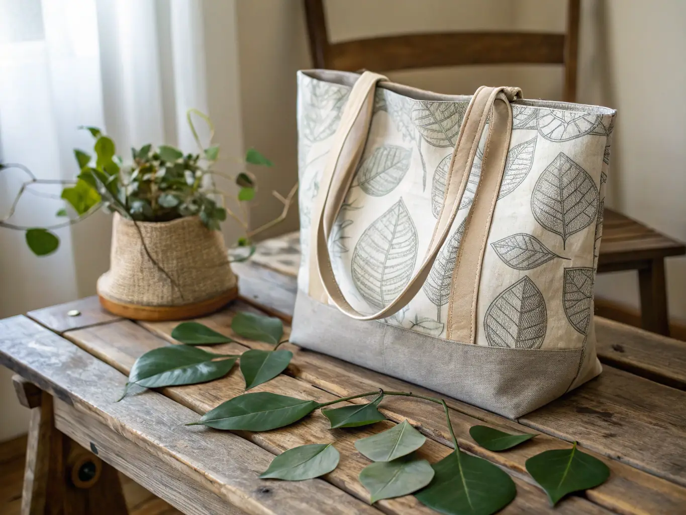 A close-up shot of a naturally textured jute tote bag with sturdy handles, displayed in a bright, minimalist setting to highlight its eco-friendly material and durable construction.