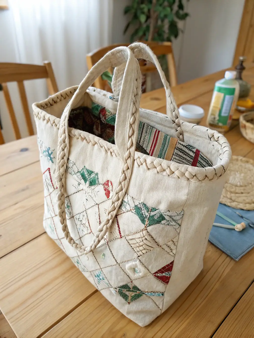 A detailed shot of a colorful, patterned jute shopping bag with reinforced stitching, placed on a rustic wooden surface to emphasize its eco-friendly and artisanal qualities, for Viking Overseas.