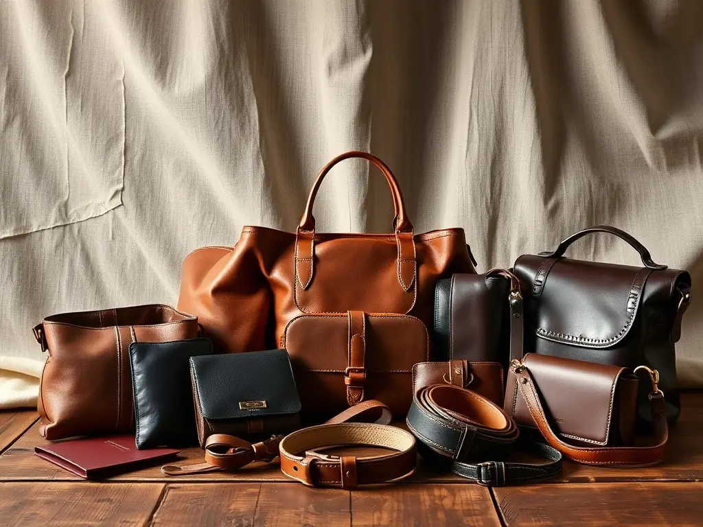 A high-quality image showcasing a variety of leather bags, including a backpack, a purse, and a briefcase, set against a sophisticated, neutral background to emphasize their premium quality and craftsmanship. The lighting should highlight the texture and details of the leather.