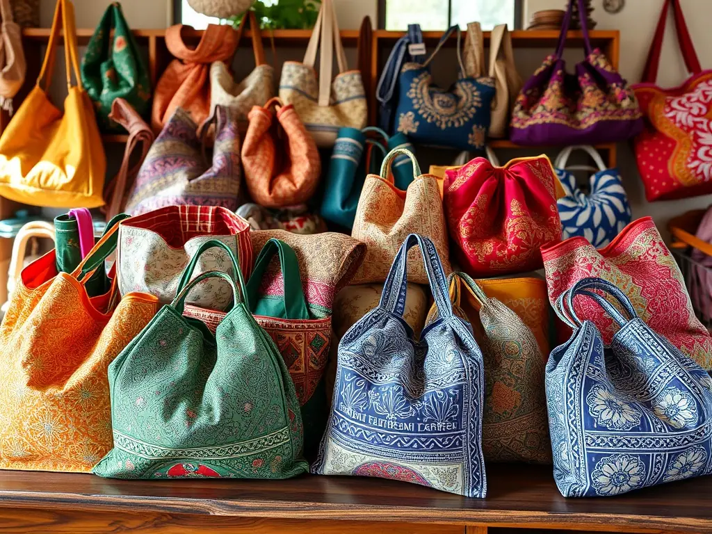 A set of colorful jute gift bags with decorative prints, arranged on a rustic wooden surface to showcase their artisanal craftsmanship and vibrant aesthetic.