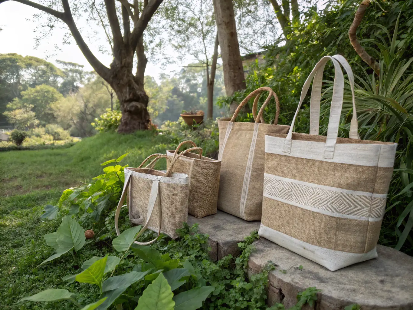 A visually appealing image featuring a selection of cotton and jute bags, including tote bags and shopping bags, displayed in a bright, natural setting to highlight their eco-friendly nature and versatility. The image should convey a sense of sustainability and practicality.