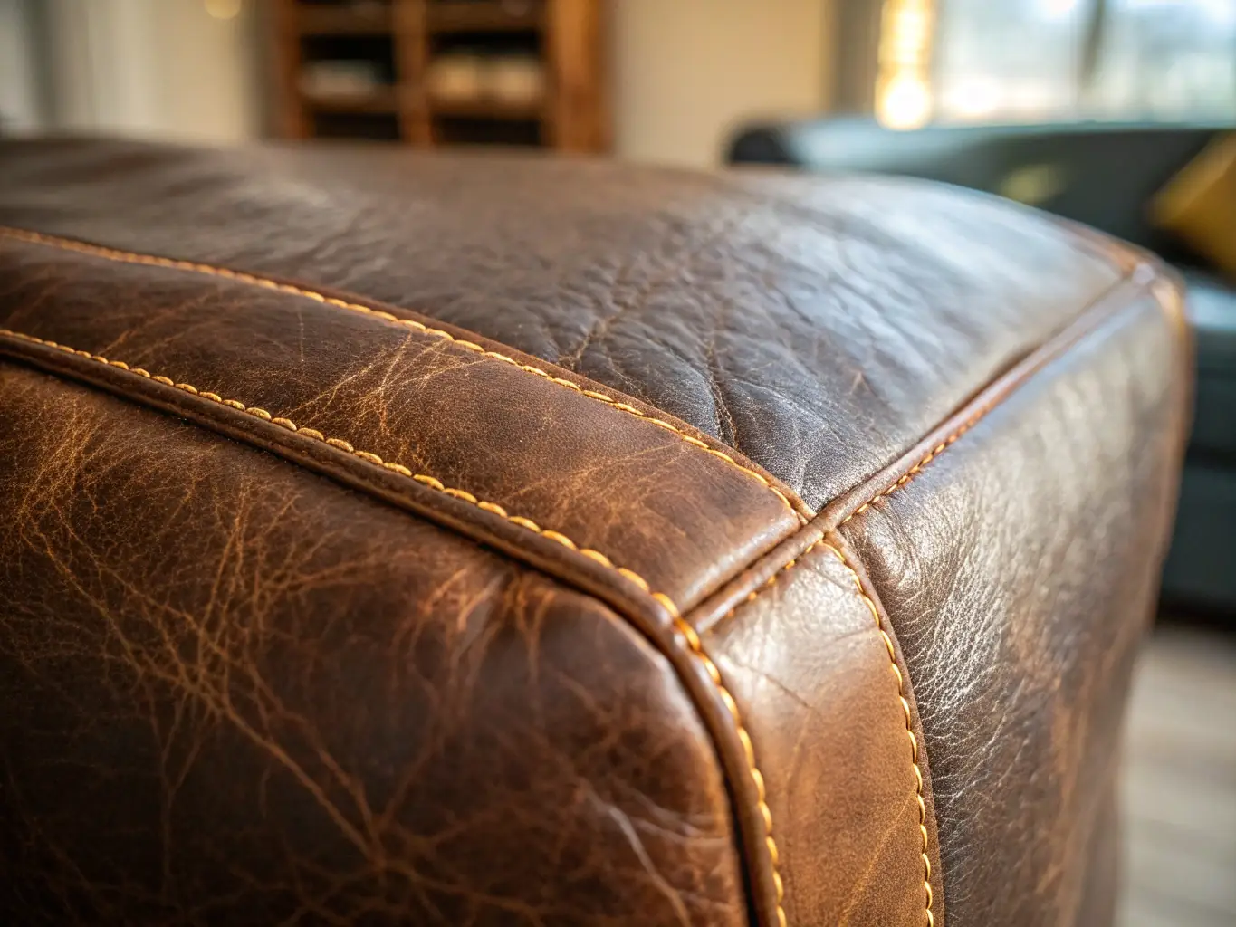 A close-up shot of the briefcase's leather texture, showcasing its premium quality and fine grain. The image highlights the durability and luxurious feel of the leather.