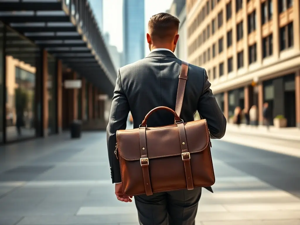 A stylish professional carrying the briefcase in a modern office setting. The image emphasizes the briefcase's sleek design and professional appeal.